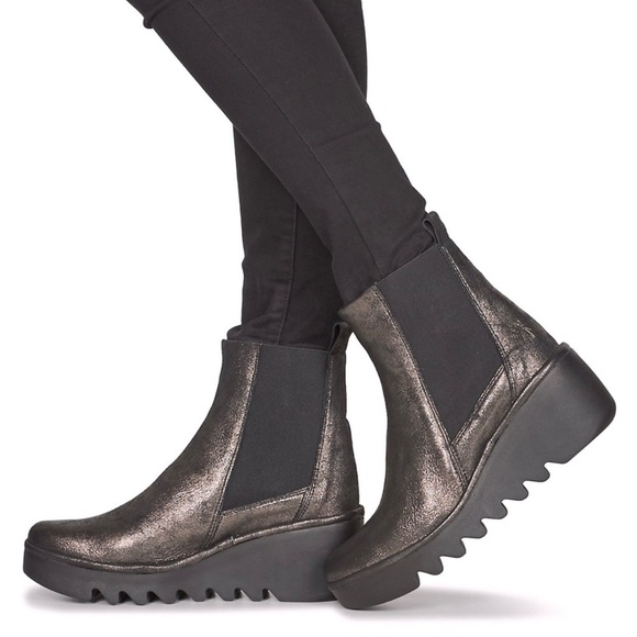 Fly London “Bagu” Metallic Leather Wedge Platform Chelsea Boots - Picture 1 of 16